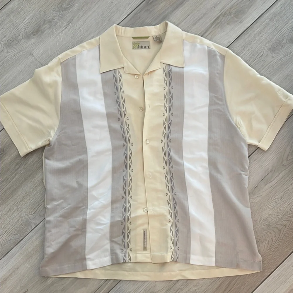 Cubavera Cream and Taupe Embroidered Details Men's Short Sleeve Shirt - Picture 1 of 5